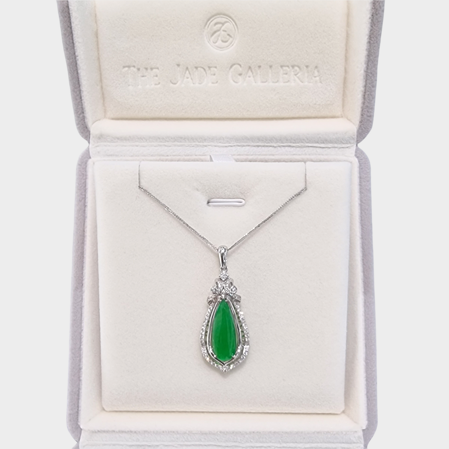 Luminous Green "Teardrop" Jadeite Jade Pendant in White Gold with Diamonds