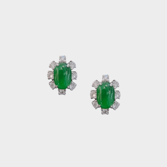 Emerald Green Jadeite Jade Stud Earrings in White Gold with Diamonds