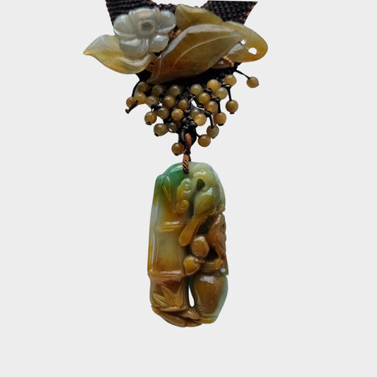 Bamboo & Bird Carving Jadeite Jade Pendant in Chinese Knot Design