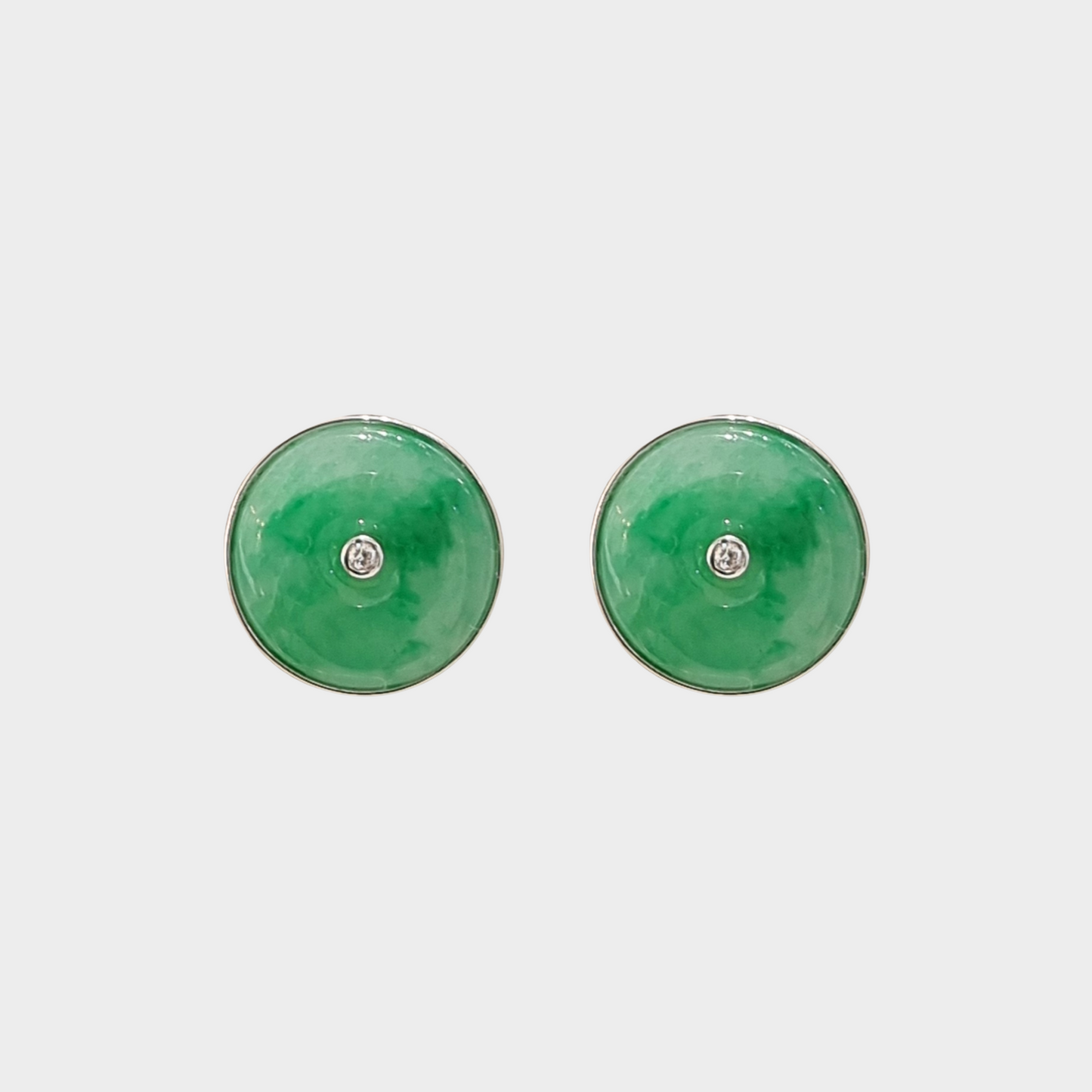 Apple Green Jadeite Jade Stud Earrings in White Gold with Diamonds