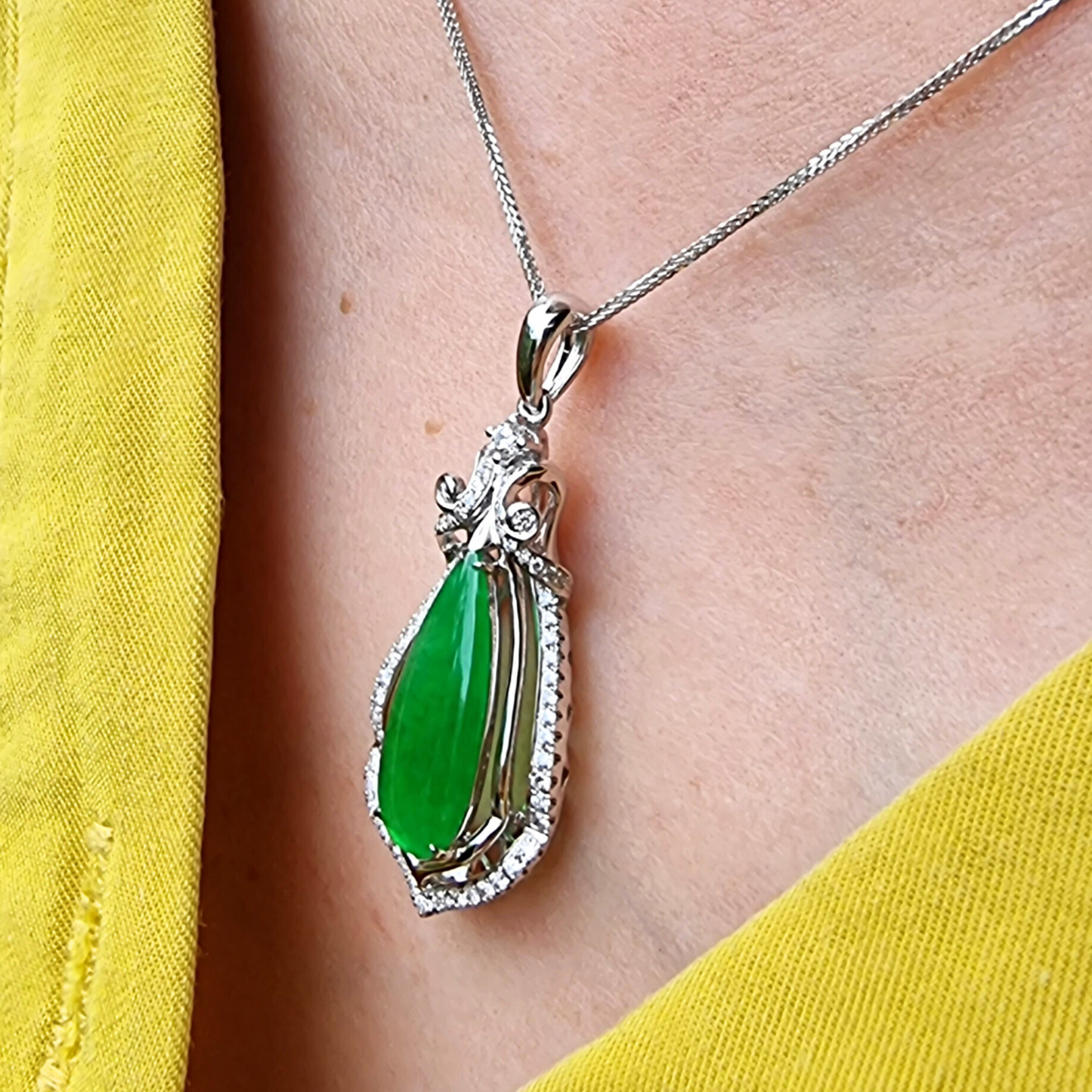 Luminous Green "Teardrop" Jadeite Jade Pendant in White Gold with Diamonds