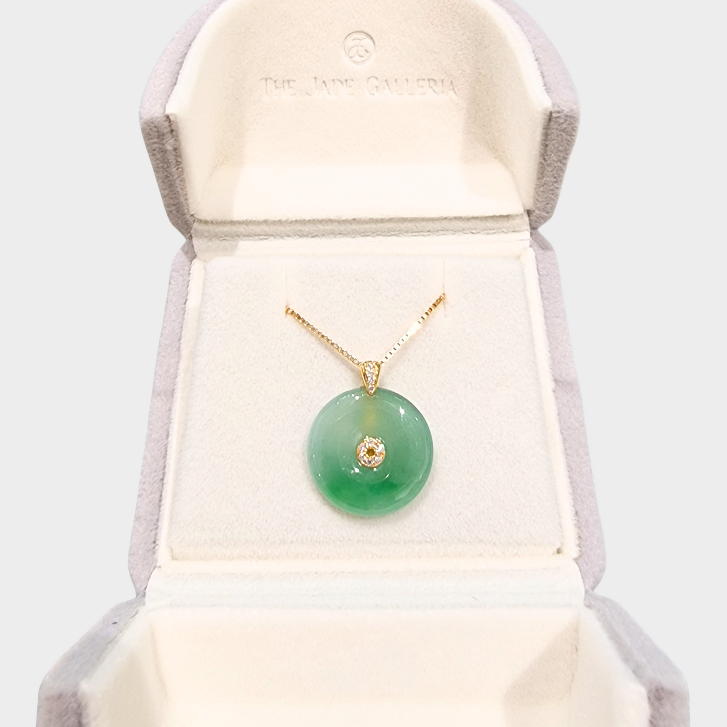 Icy Green Jadeite Jade "Lucky Coin" Pendant in Yellow Gold with Diamonds