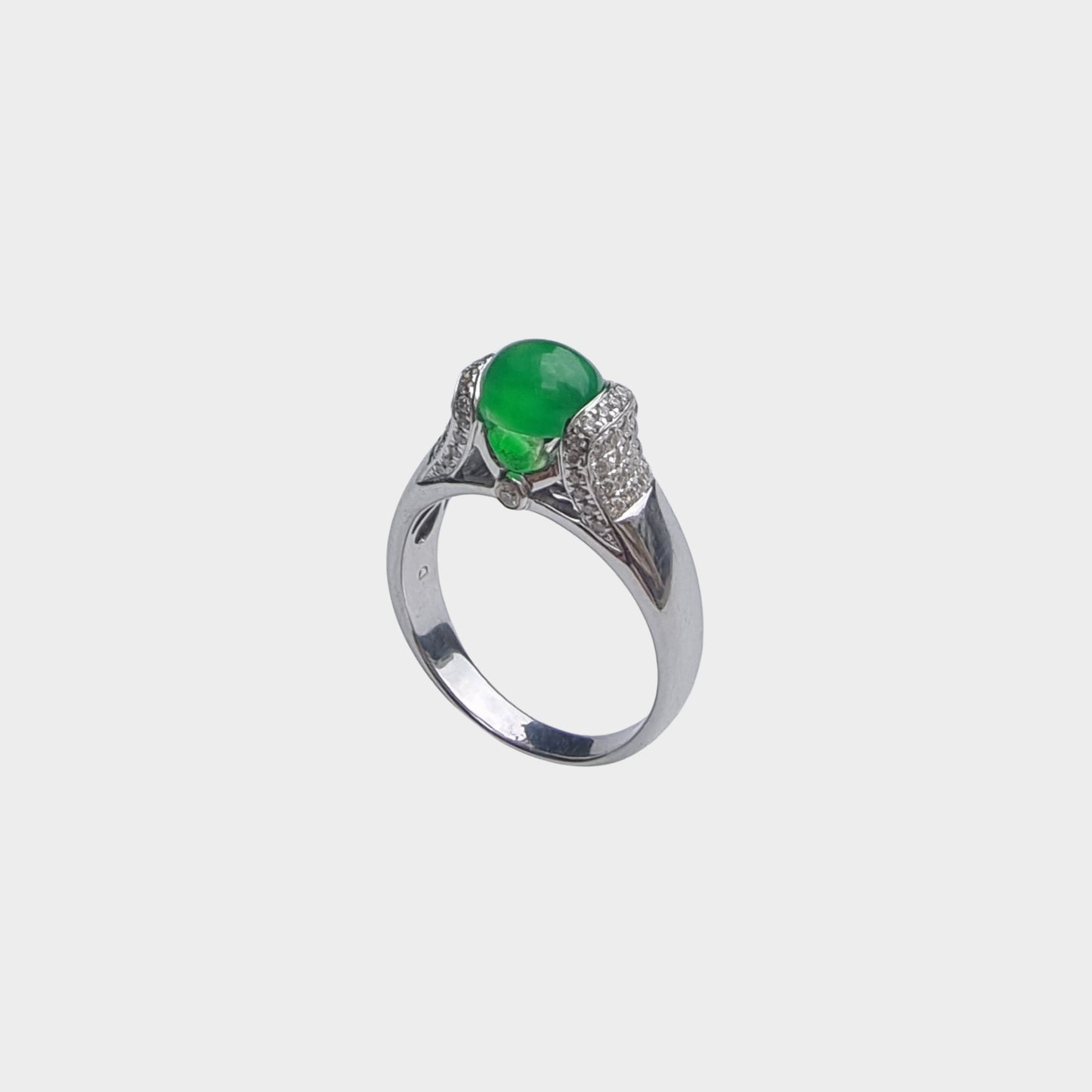 Jadeite Jade Cabochon Ring in White Gold with Diamonds