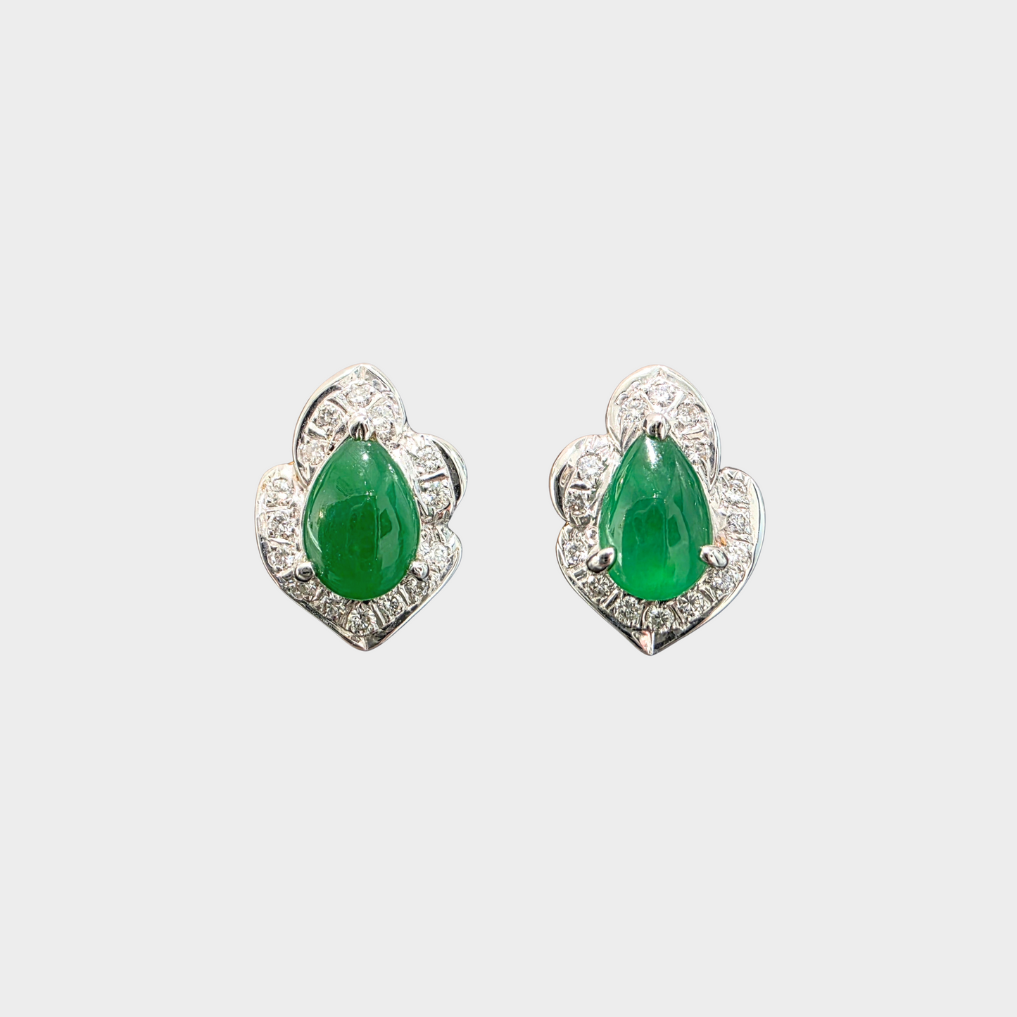 Emerald Green Jadeite Jade Stud Earrings in White Gold with Diamonds