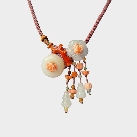 Jade and Coral Necklace in Chinese Knot Design