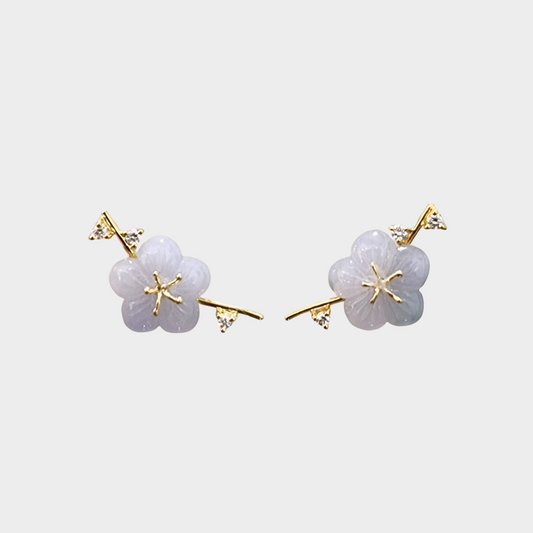 Lavender "Peach Blossom" Jadeite Jade Earrings in Yellow Gold with Diamonds