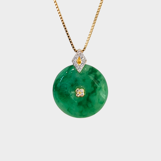 Green "Lucky Coin" Jadeite Jade Pendant in Yellow Gold with Diamonds