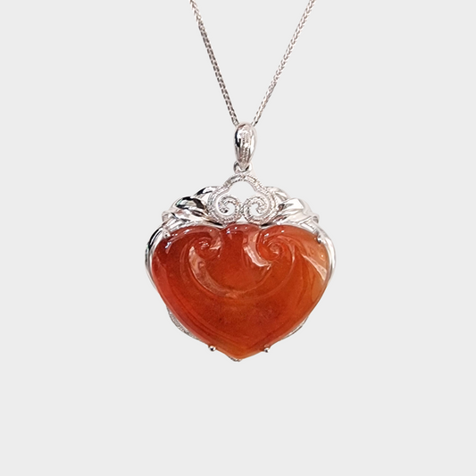 "Auspicious Ruyi" Red Jadeite Jade Pendant in White Gold with Diamonds