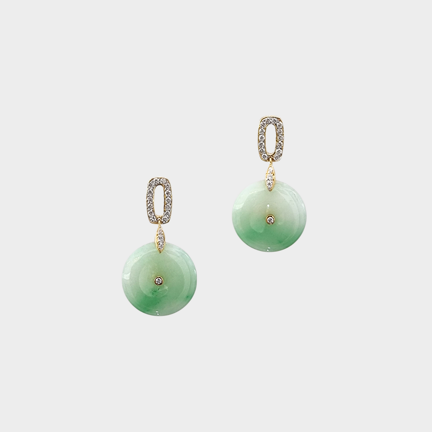 Green "Donuts" Jadeite Jade Drop & Dangle Earrings in Yellow Gold with Diamonds