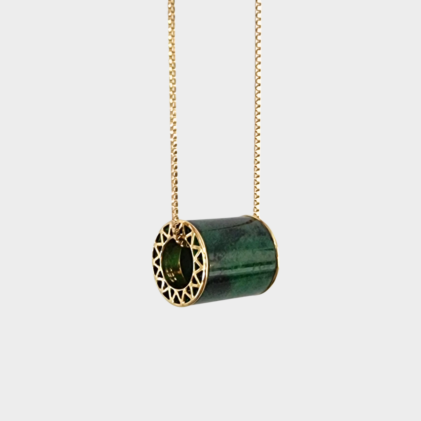 Flower Green Jadeite Jade Barrel Pendant in Yellow Gold