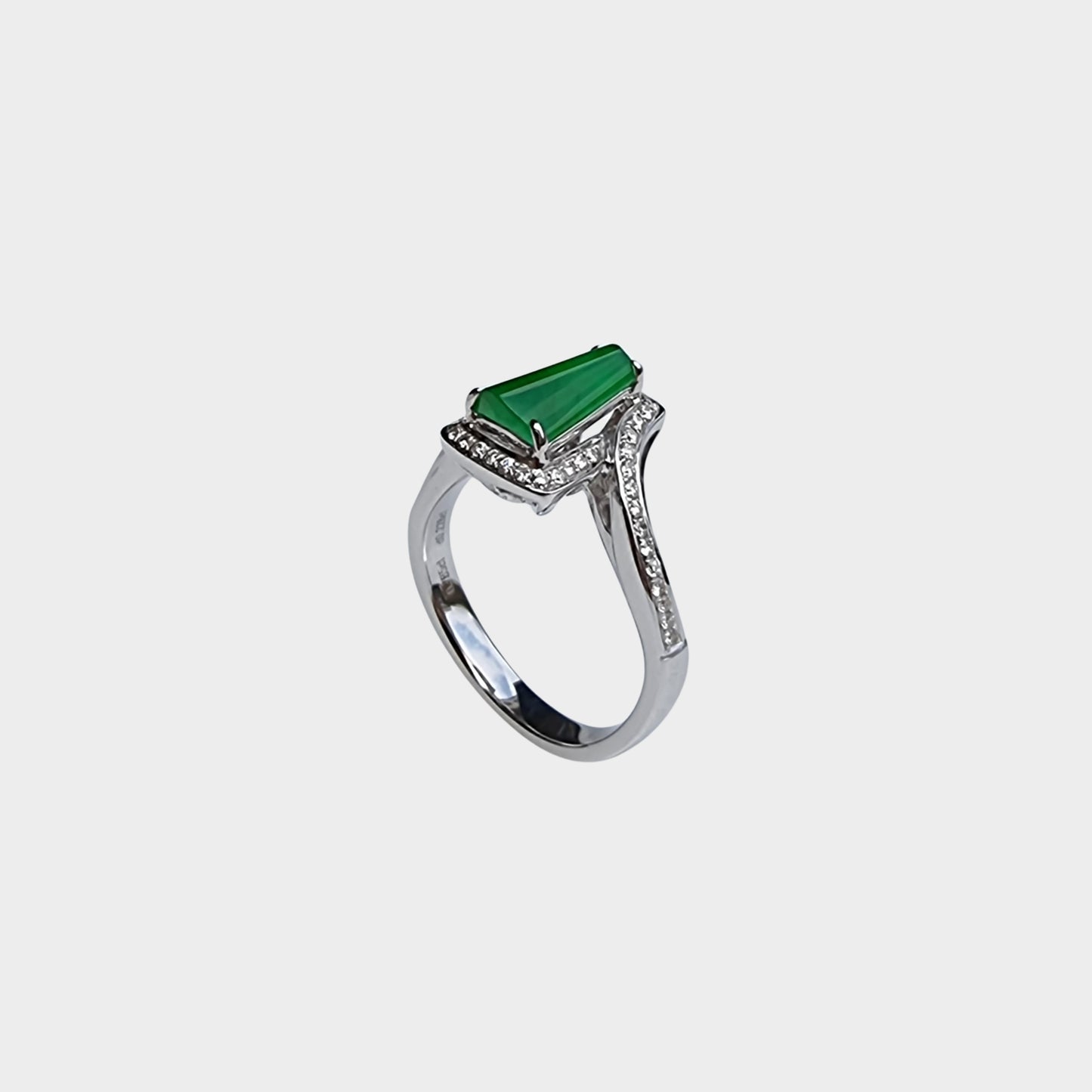 "Trapezoid" Apple Green Jadeite Jade Ring in White Gold with Diamonds