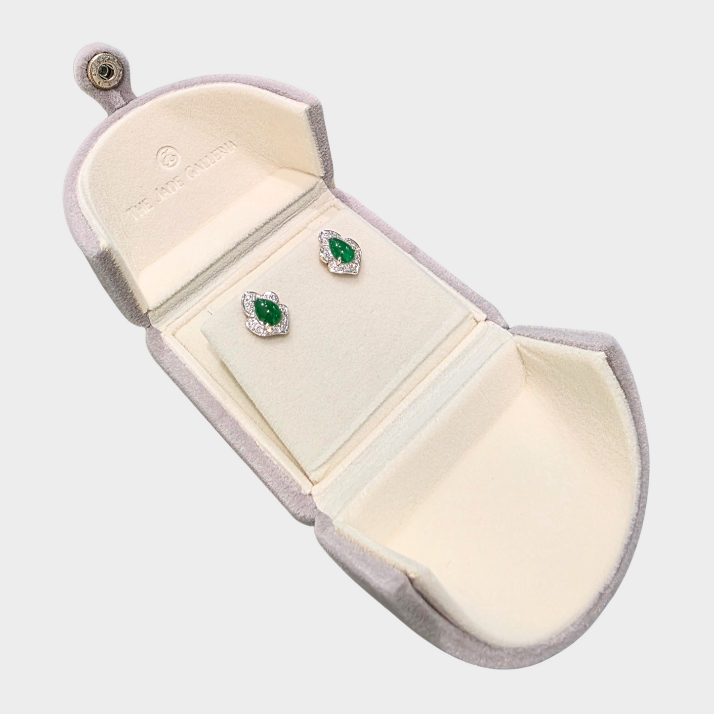 Emerald Green Jadeite Jade Stud Earrings in White Gold with Diamonds