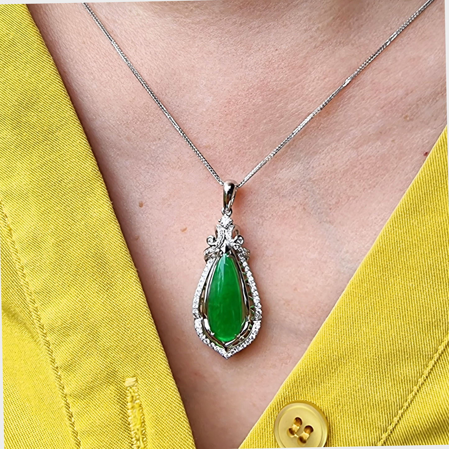 Luminous Green "Teardrop" Jadeite Jade Pendant in White Gold with Diamonds