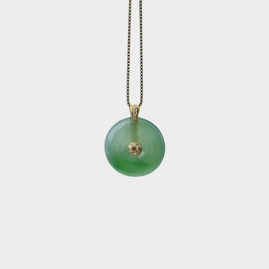 Icy Green Jadeite Jade "Lucky Coin" Pendant in Yellow Gold with Diamonds