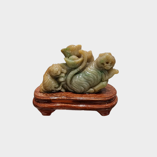 "Tigers with Wealth Ingots" Jadeite Jade Display