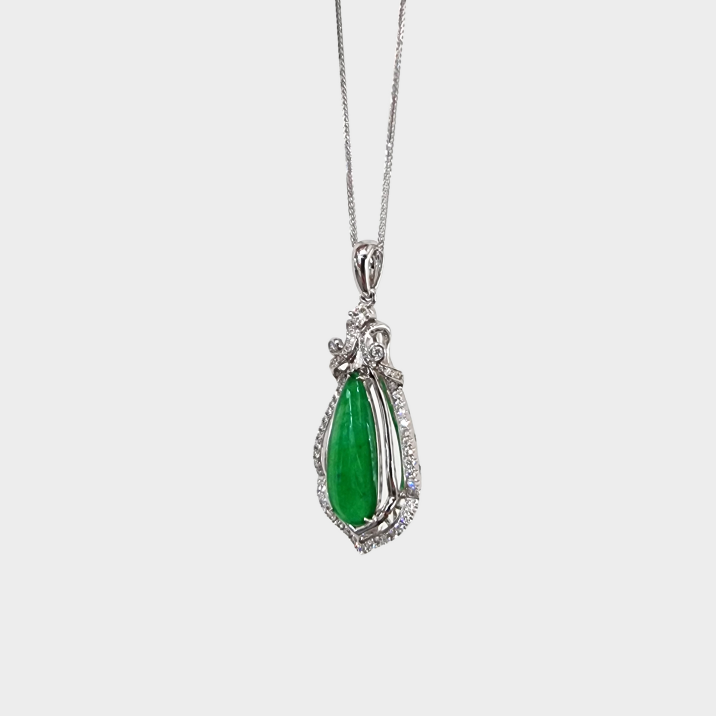 Luminous Green "Teardrop" Jadeite Jade Pendant in White Gold with Diamonds