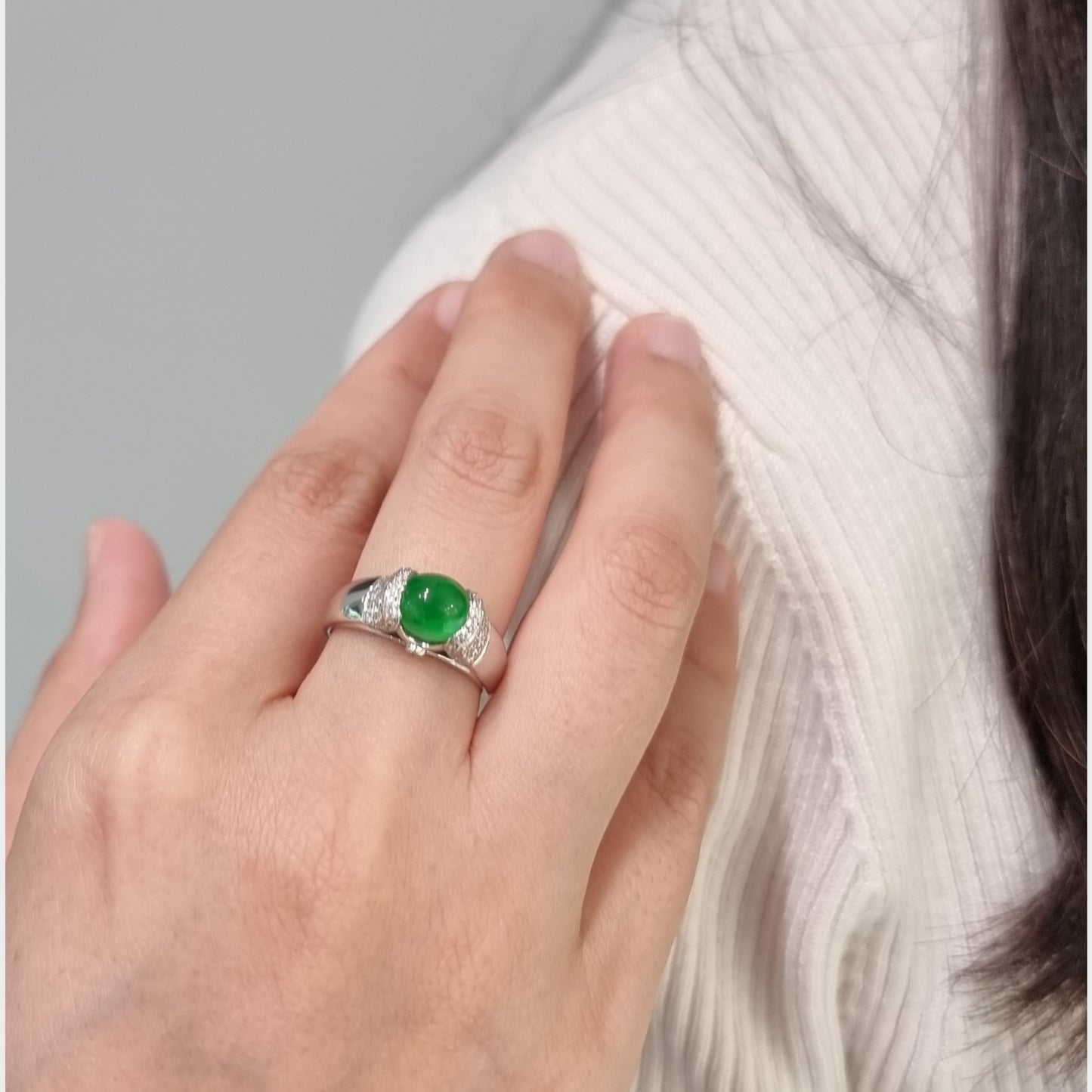 Jadeite Jade Cabochon Ring in White Gold with Diamonds