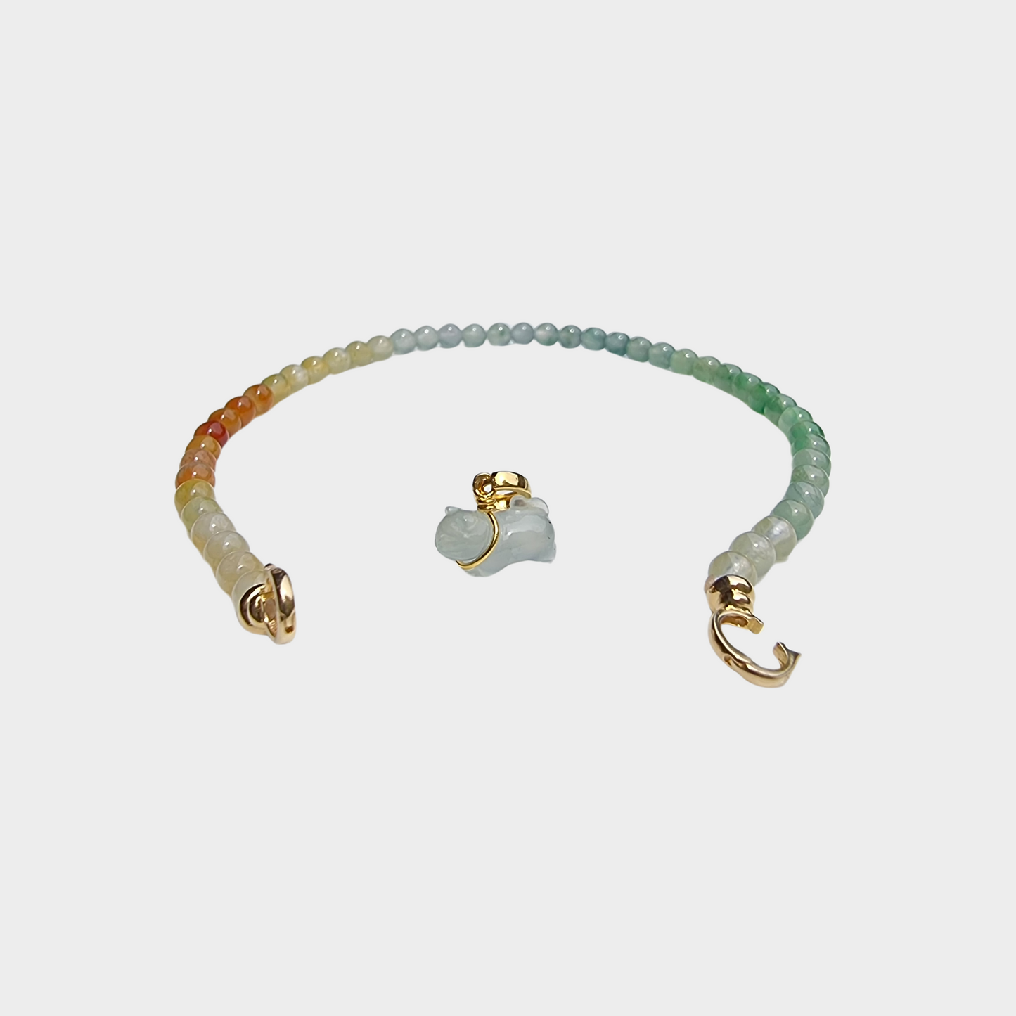 "Rainbow" Jadeite Beads Bracelet with "Little Kitty" in Yellow Gold