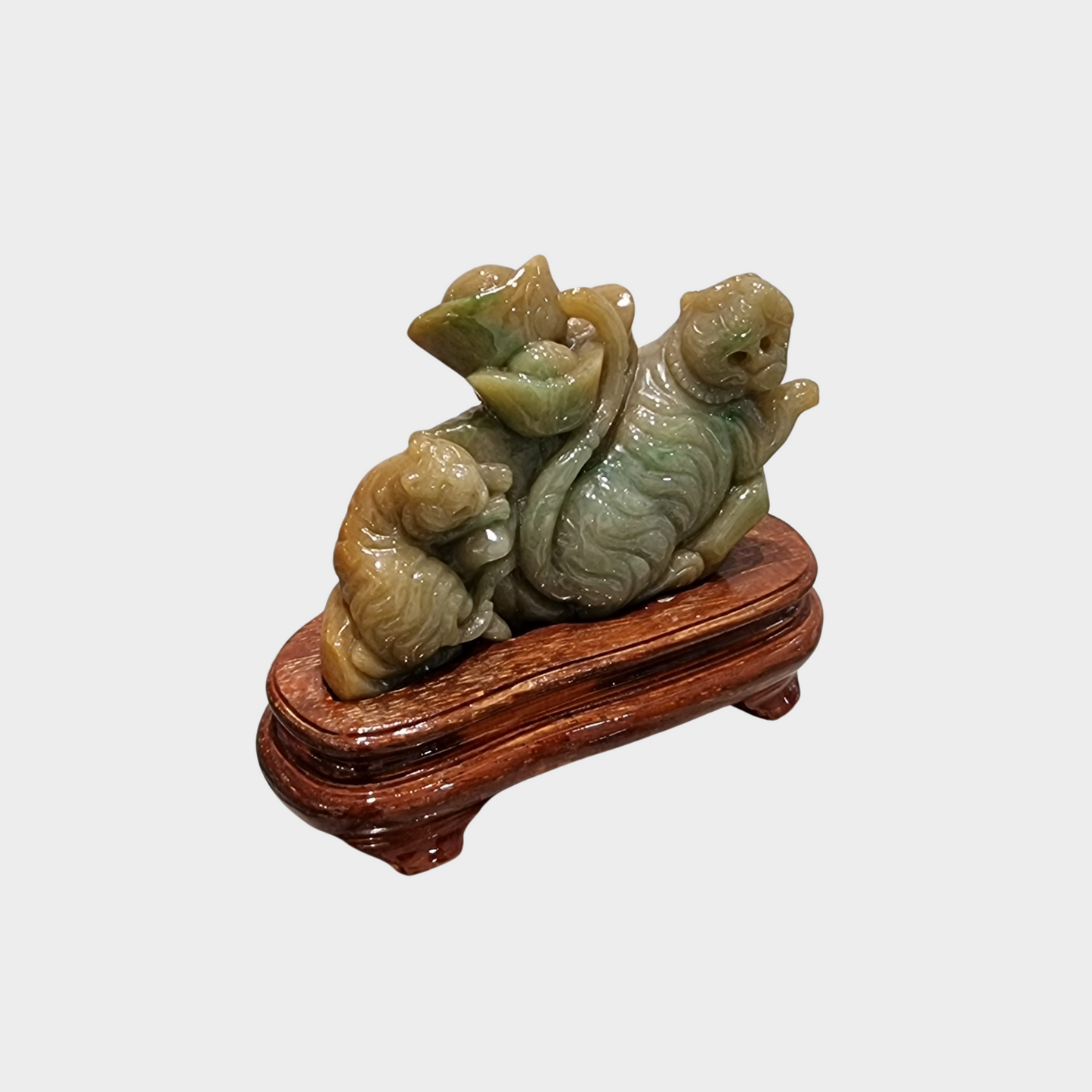 "Tigers with Wealth Ingots" Jadeite Jade Display