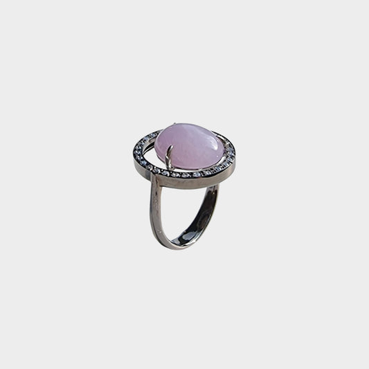 Lavender Cabochon Jadeite Jade Ring in 18K Gold (Plated Black) with Diamonds