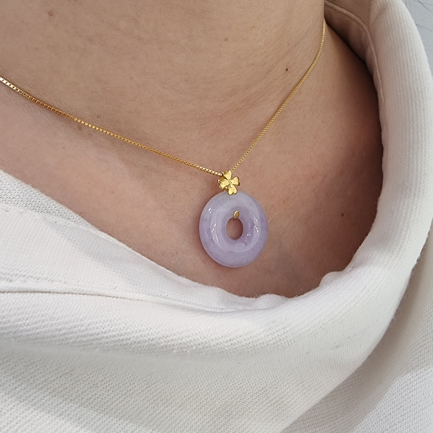 Icy Lavender Jadeite Jade "Lucky Coin" Pendant in Yellow Gold