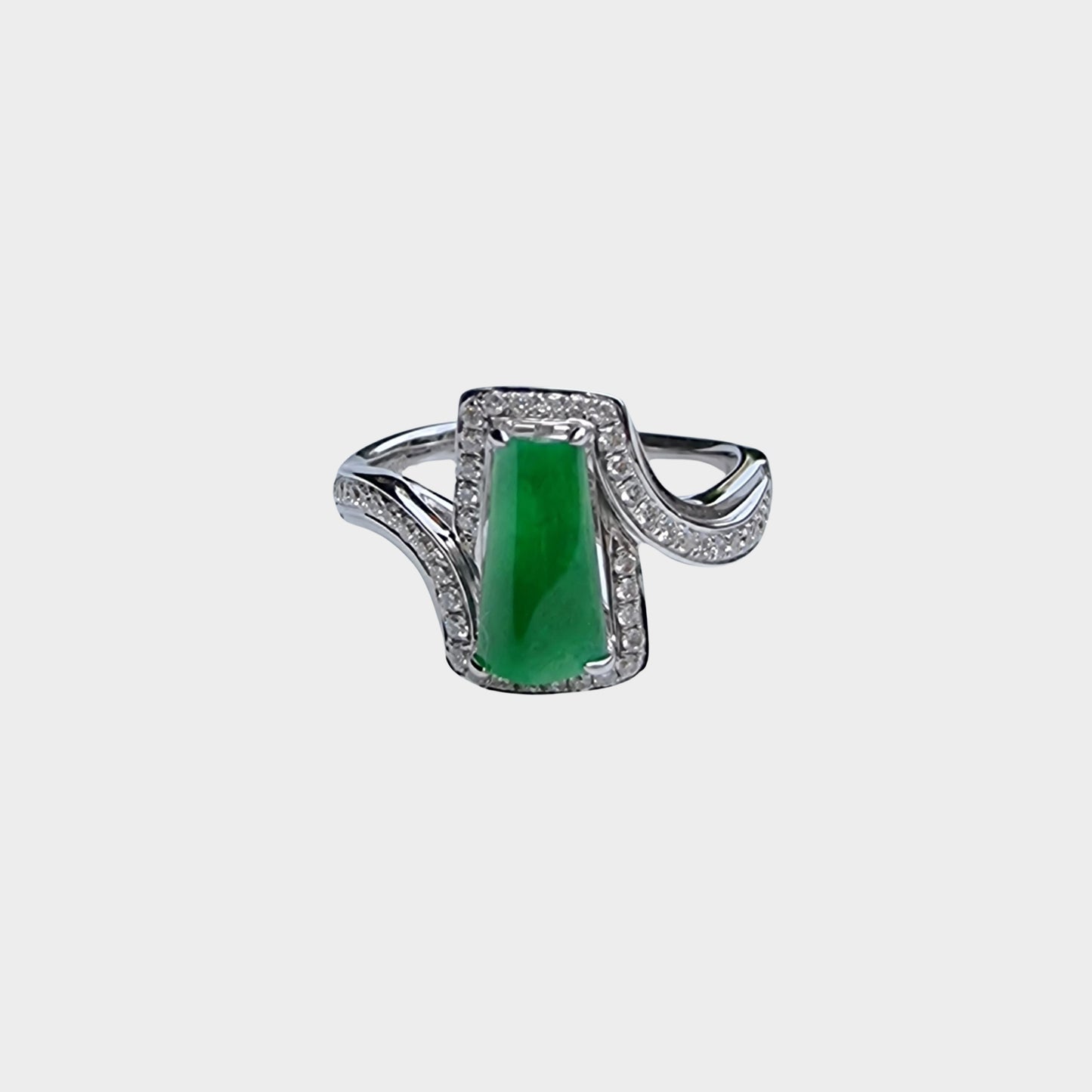 "Trapezoid" Apple Green Jadeite Jade Ring in White Gold with Diamonds