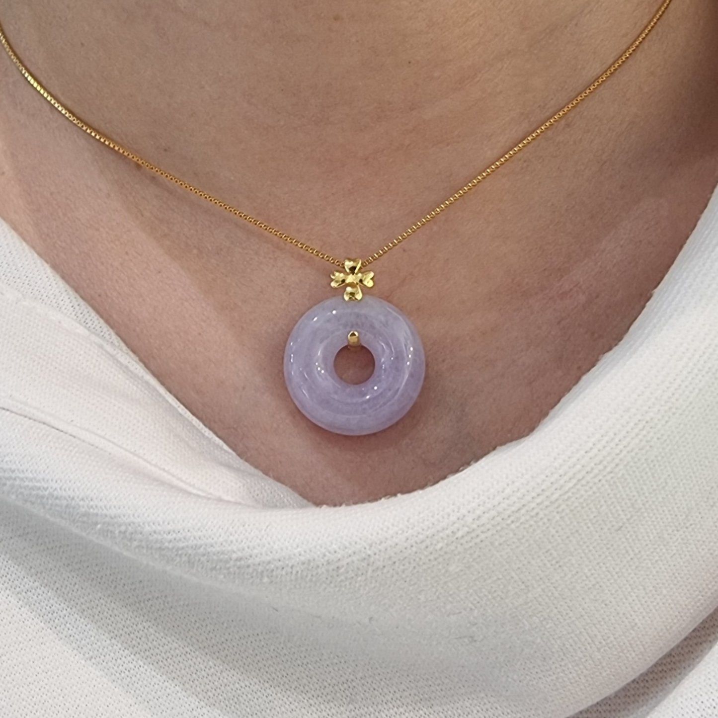 Icy Lavender Jadeite Jade "Lucky Coin" Pendant in Yellow Gold