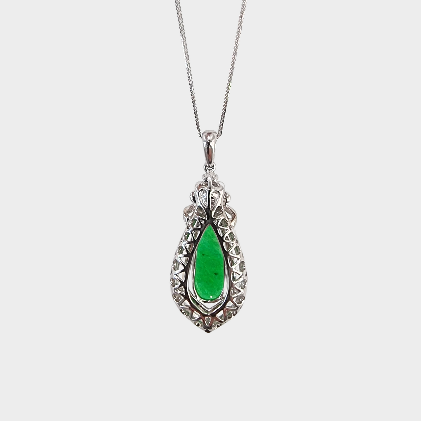 Luminous Green "Teardrop" Jadeite Jade Pendant in White Gold with Diamonds