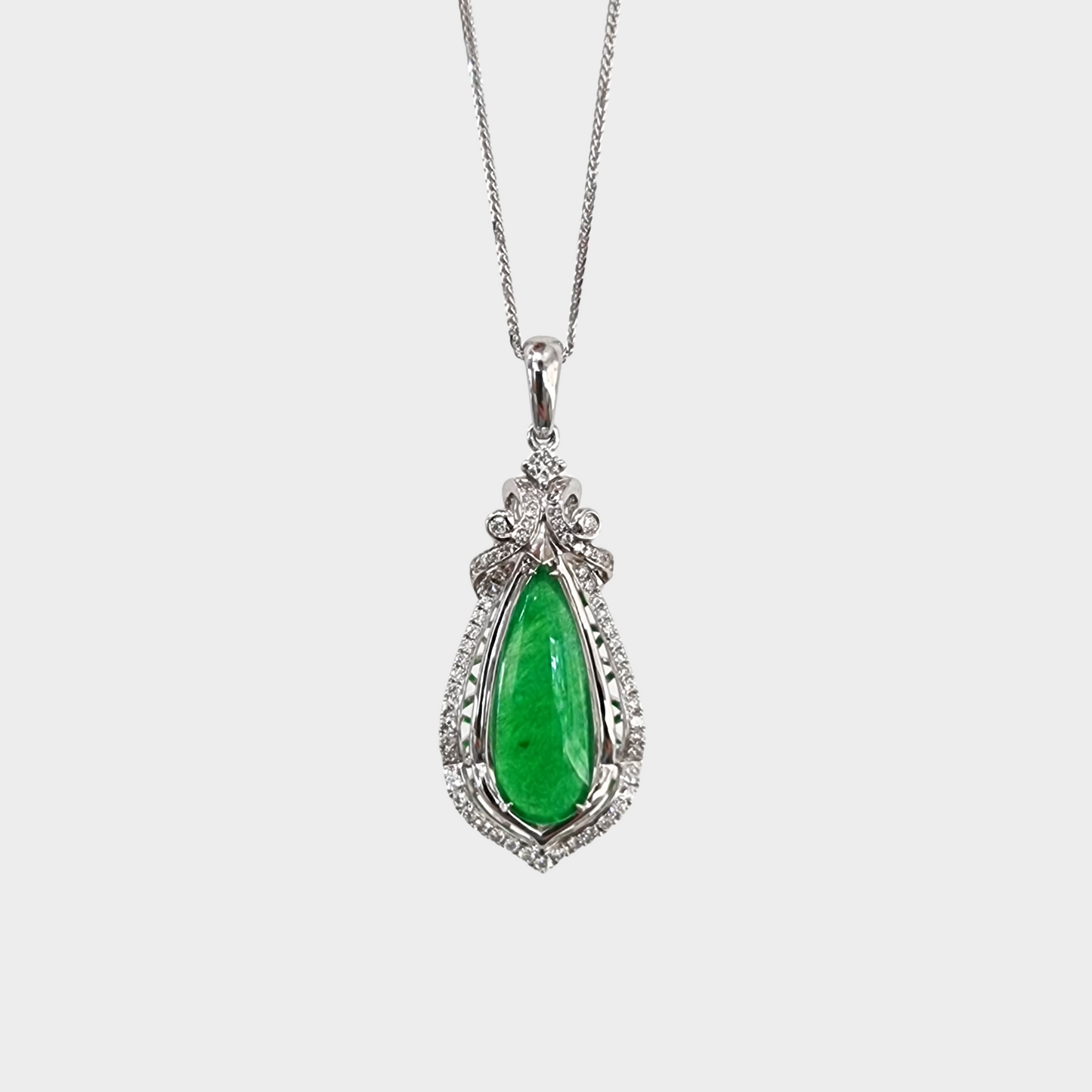 Luminous Green "Teardrop" Jadeite Jade Pendant in White Gold with Diamonds