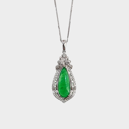 Luminous Green "Teardrop" Jadeite Jade Pendant in White Gold with Diamonds