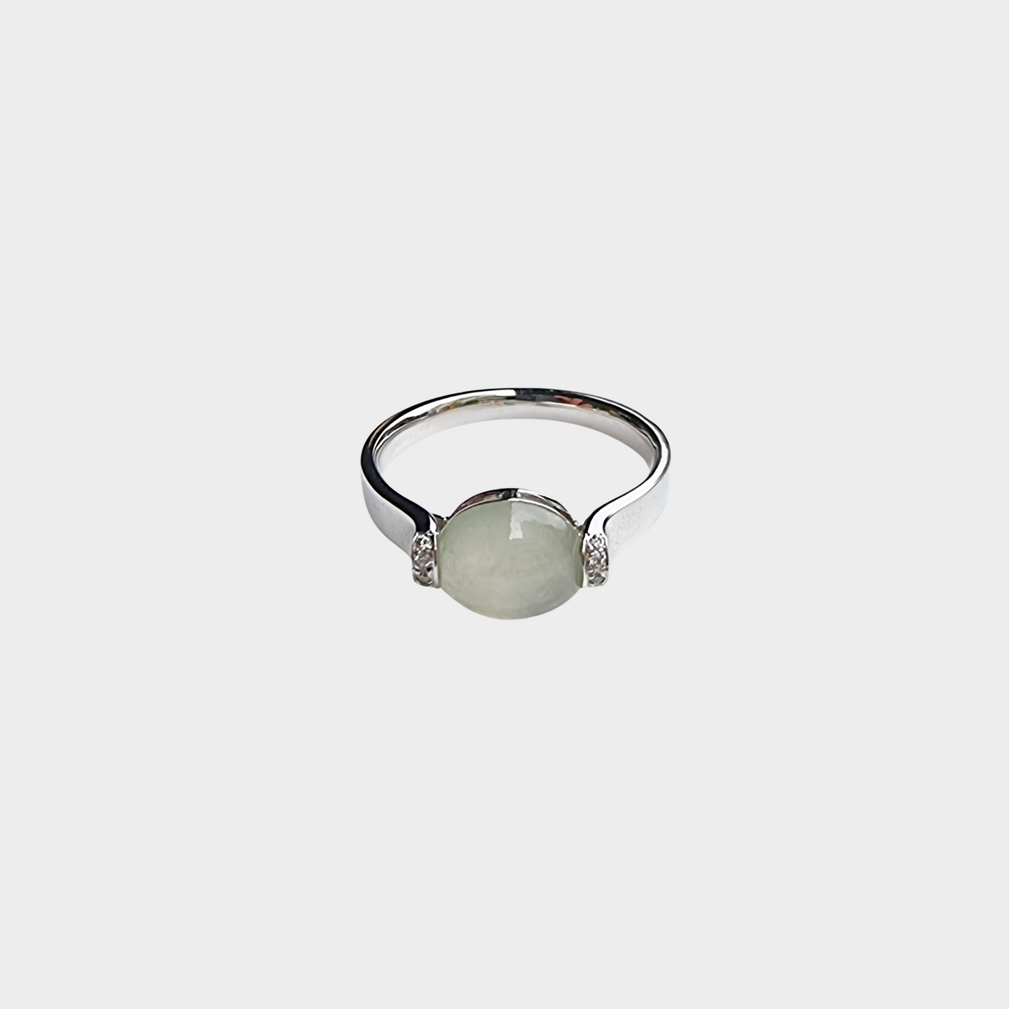 Icy Jadeite Jade Cabochon Ring in White Gold with Diamonds