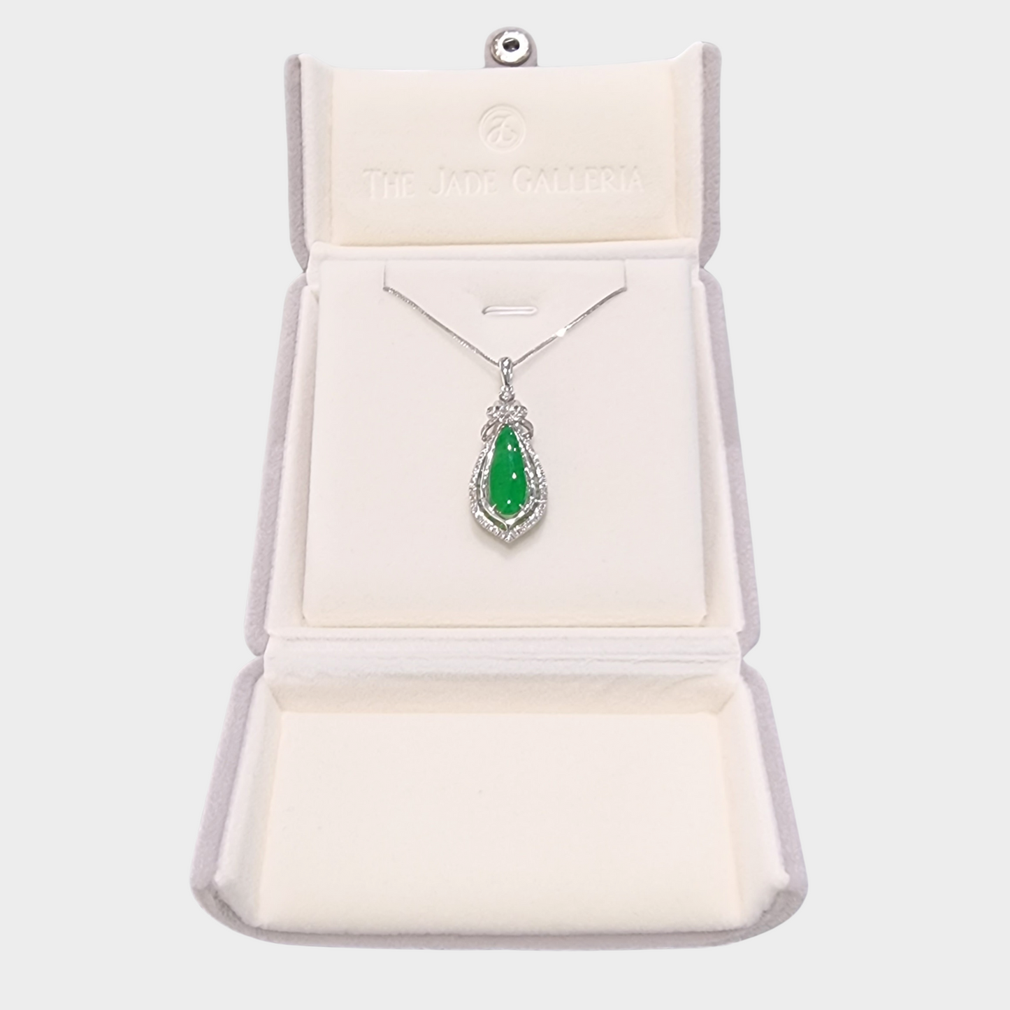 Luminous Green "Teardrop" Jadeite Jade Pendant in White Gold with Diamonds