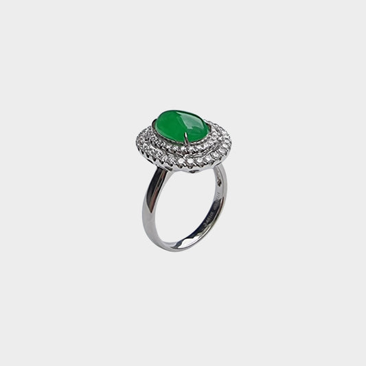 Jadeite Jade Cabochon Ring and Pendant in White Gold with Diamonds