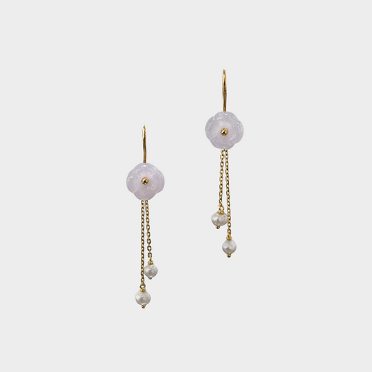 Icy Lavender "Wildflower" Jadeite Jade Drop & Dangle Earrings in Yellow Gold with Pearls