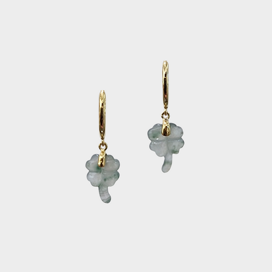 Icy "Four-Leaf Clover" Jadeite Jade Earrings in Yellow Gold