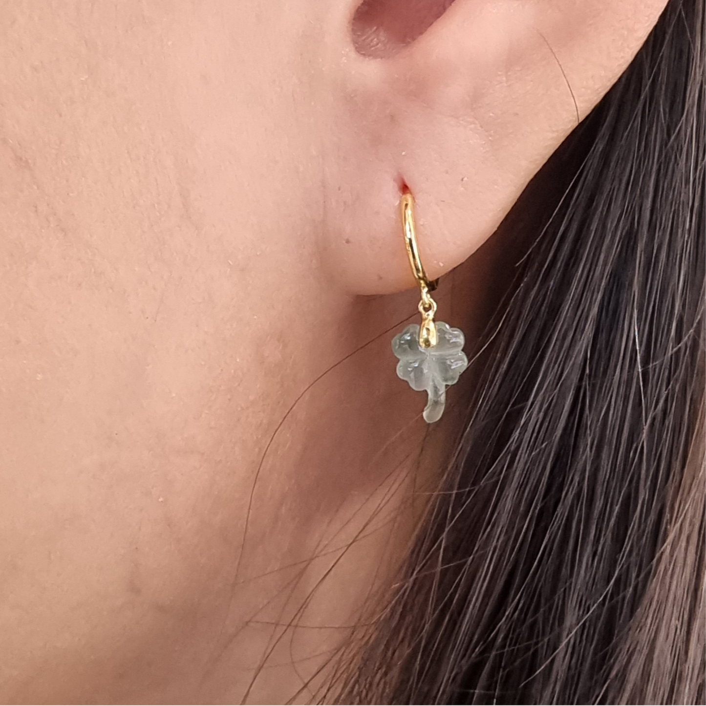 Icy "Four-Leaf Clover" Jadeite Jade Earrings in Yellow Gold