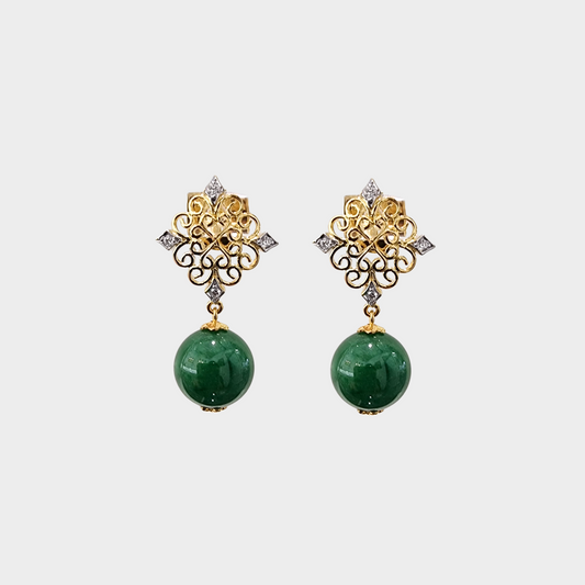 Jadeite Jade Beads Drop & Dangle Earrings in Yellow Gold with Diamonds