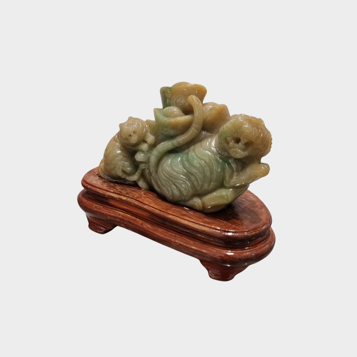 "Tigers with Wealth Ingots" Jadeite Jade Display