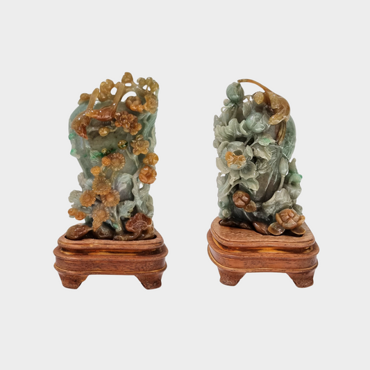 "Magpies and Plum Blossoms" Jadeite Jade Display - 1 Pair