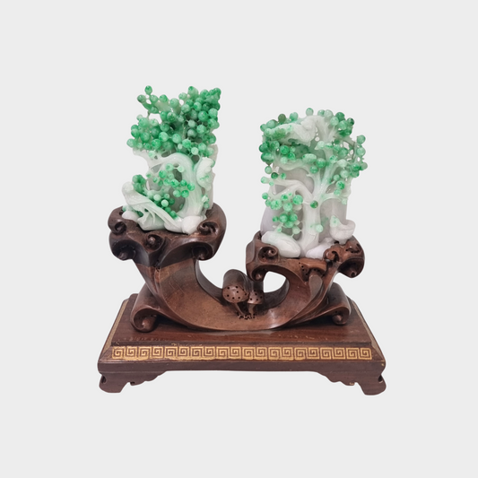 Spicy Green "Fruit Trees and Magpie Birds" Jadeite Jade Display