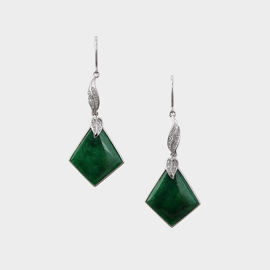 Spicy Green Jadeite Jade Drop & Dangle Earrings in White Gold with Diamonds