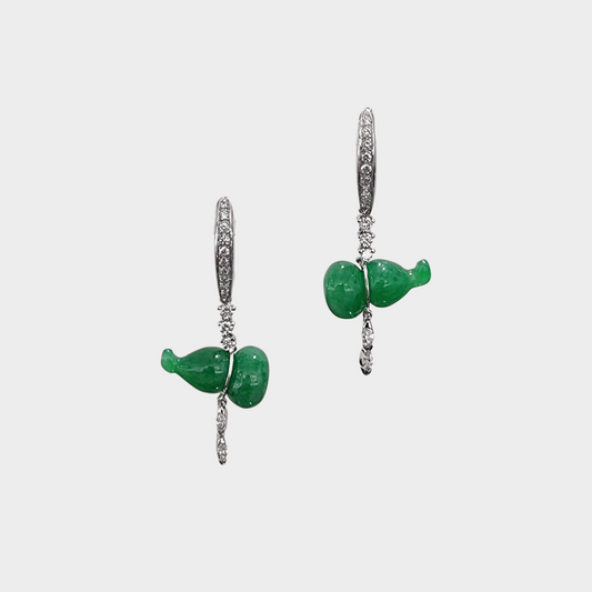 Brilliant Green "Auspicious Hulu" Jadeite Jade Drop & Dangle Earrings in White Gold with Diamonds