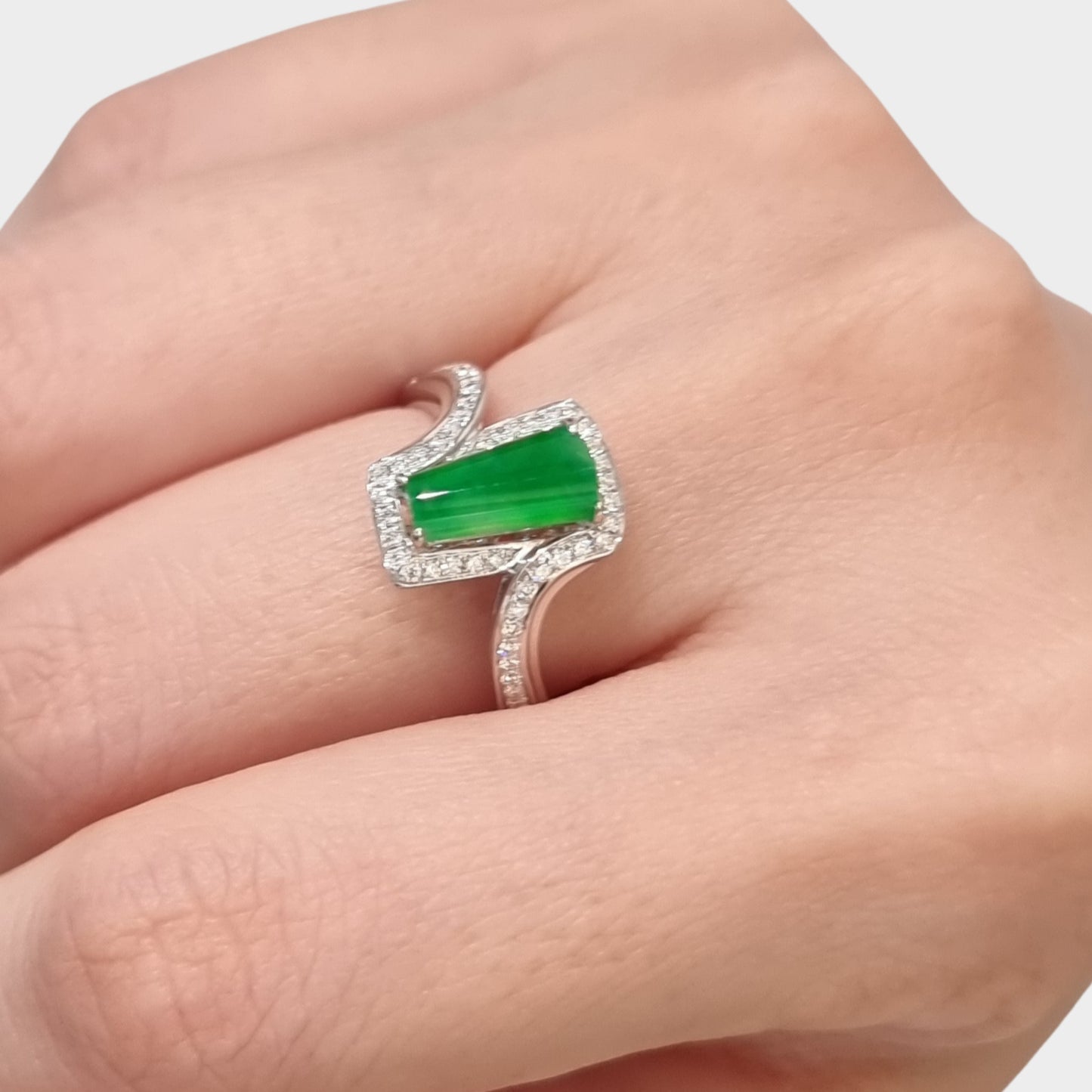 "Trapezoid" Apple Green Jadeite Jade Ring in White Gold with Diamonds