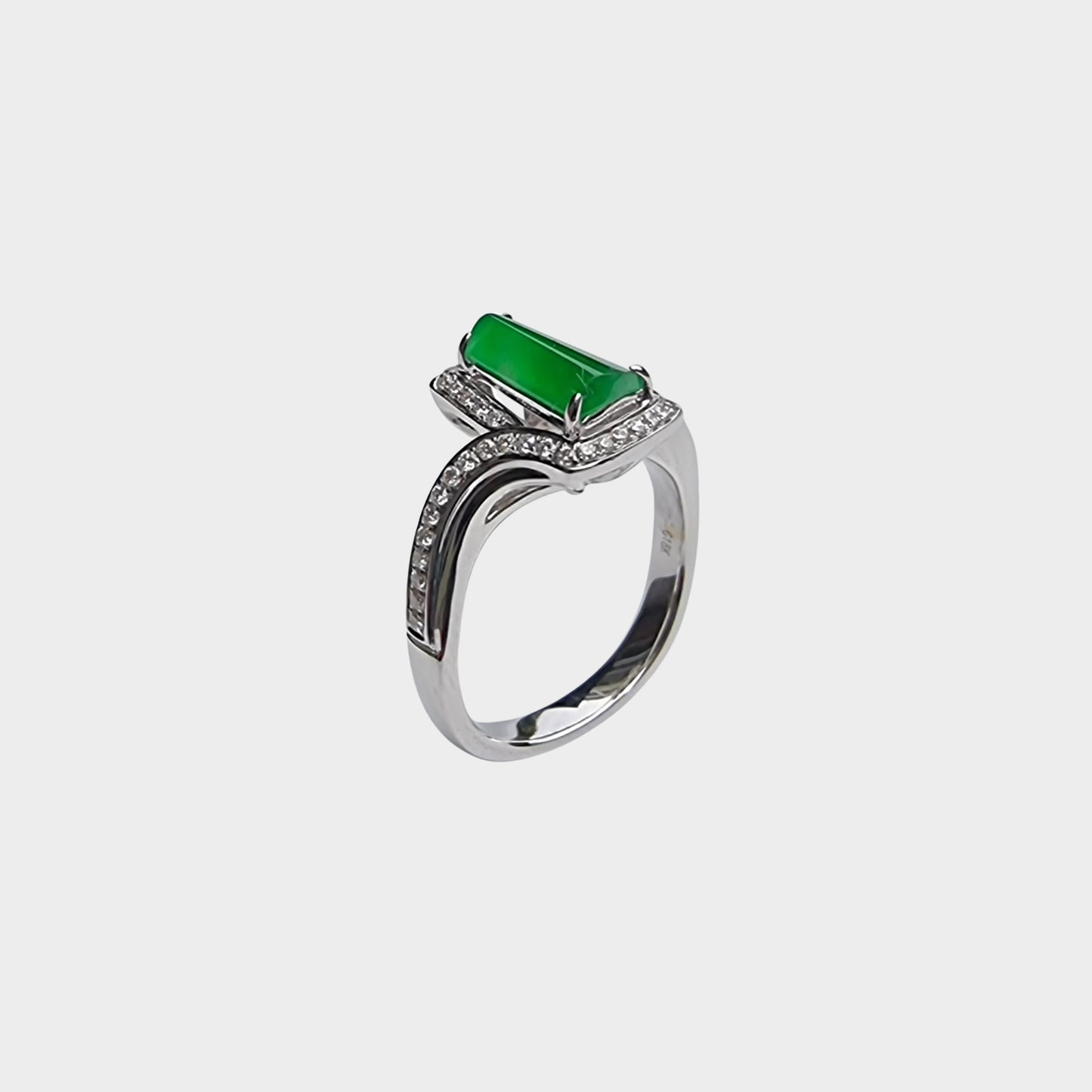 "Trapezoid" Apple Green Jadeite Jade Ring in White Gold with Diamonds